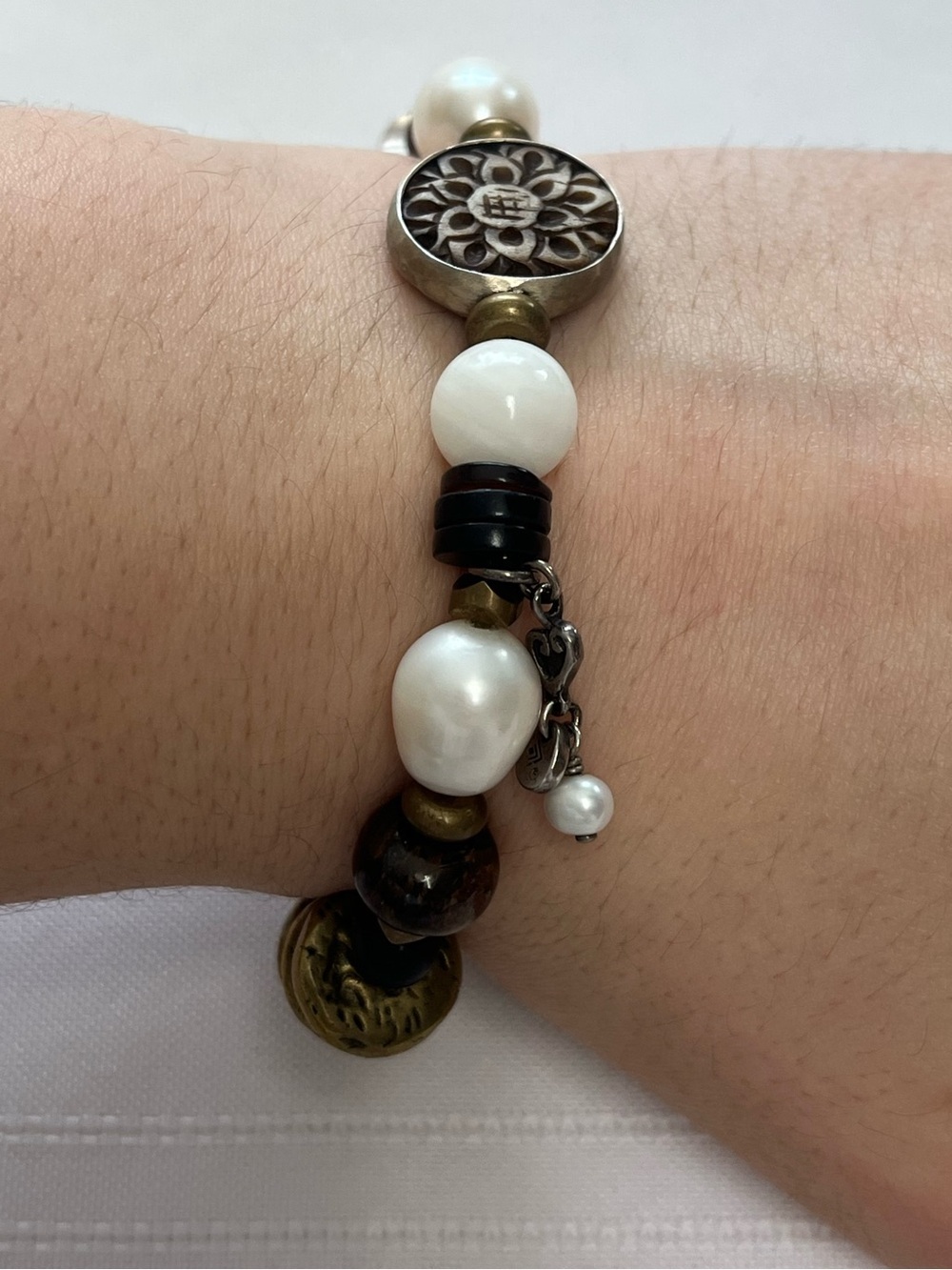 SILPADA 925 Sterling Silver Pearl Bronzite Wood Brass Stretch bracelet
